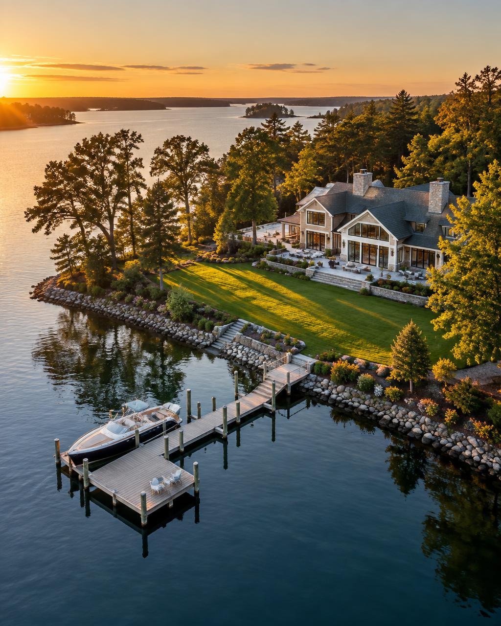Aerial view of a waterfront property at golden hour — replaceable placeholder